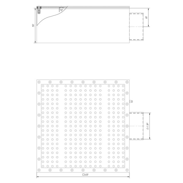 Донный слив Runwill Pools P4-14, квадратный, Ø 400 × 400 × 150 мм, 40 м³/час, универсальный, dn125